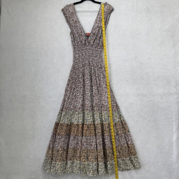 Avatar Dress Womens Small Floral Cotton Boho Maxi Smocked Tiered Deep V Neck - Picture 3 of 7